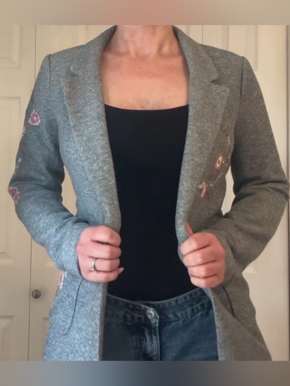 Only Gray Long Blazer/ Spring Jacket with Pink Floral Embroidery